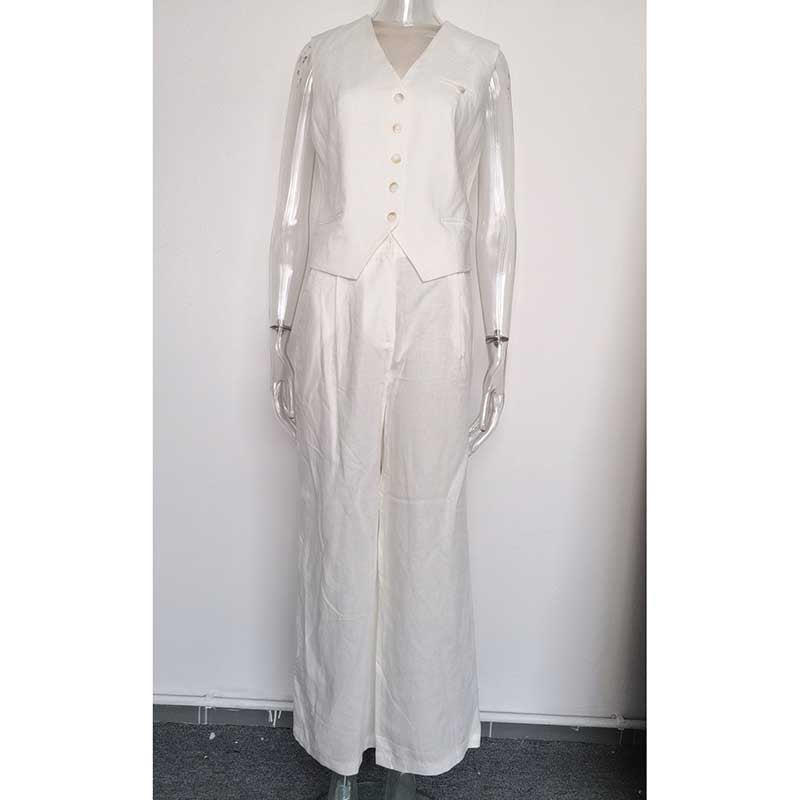Elegant white women's vest pantsuit set with a sleek design and classic button details