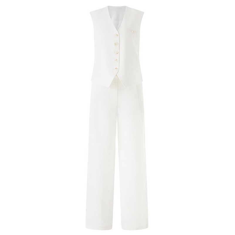 Elegant women's vest pantsuit set in white with a button-up vest and wide-leg pants