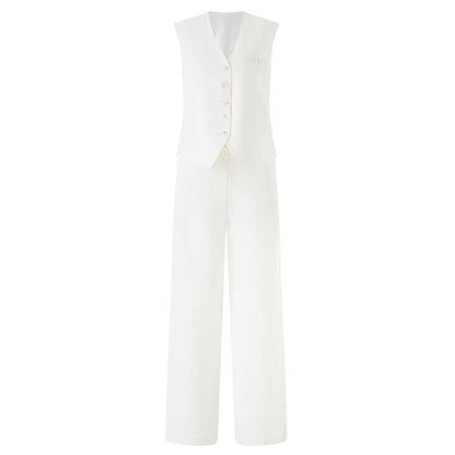 Elegant women's vest pantsuit set in white with a button-up vest and wide-leg pants