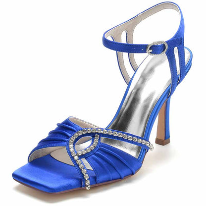S&DCo. women's wedding ankle strap heels in blue satin with sparkling rhinestone accents