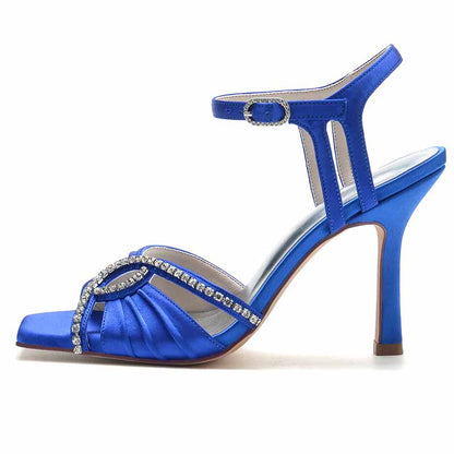 S&DCo. women's wedding ankle strap heels in royal blue satin with embellished details and a stiletto heel
