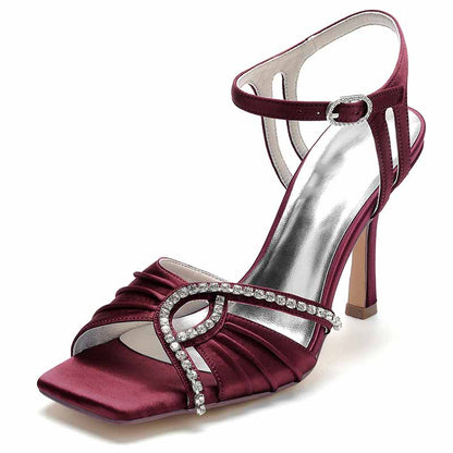 S&DCo. women's wedding ankle strap heels in burgundy satin with sparkling rhinestone detail