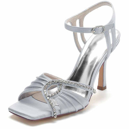 S&DCo. women's wedding ankle strap heels in silver satin with elegant rhinestone detailing