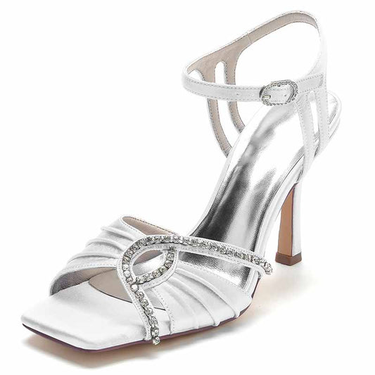 Elegant women's wedding ankle strap heels with rhinestone detail and a stylish silver finish