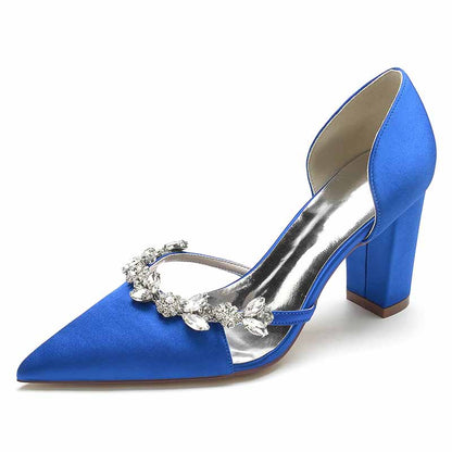 Elegant blue women's wedding dress pumps with jeweled embellishments and a chunky heel