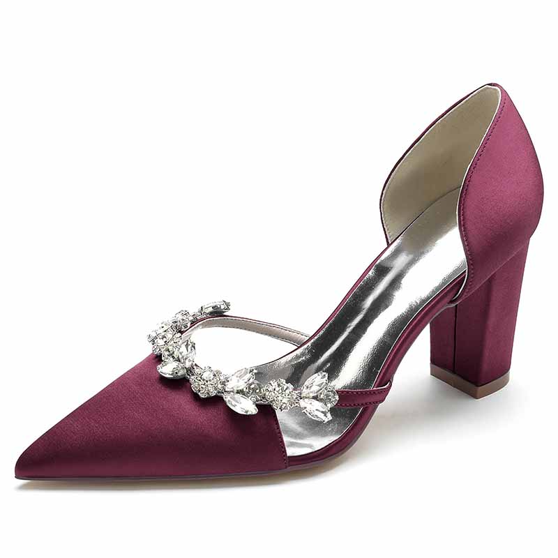 S&DCo. Women's wedding dress pumps in burgundy with embellished ankle detail and block heel