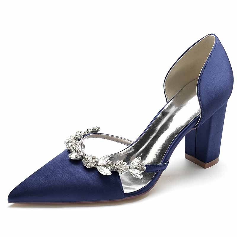 Elegant blue women's wedding dress pumps with decorative embellishments and a stylish block heel