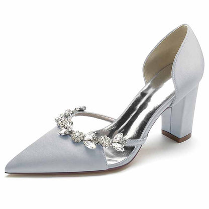 Elegant S&DCo. women's wedding dress pumps in light blue with jeweled embellishments and block heel