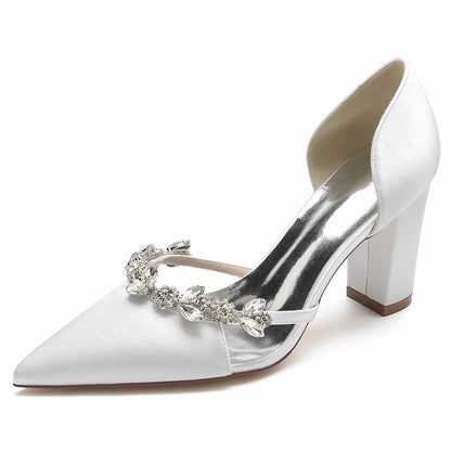 S&DCo. women's wedding dress pumps in white satin with jeweled embellishments and block heels