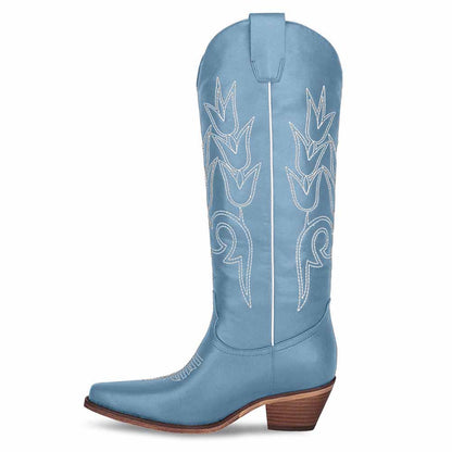 Stylish women's western embroidered boots in light blue with decorative stitching and a stacked heel