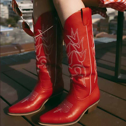 Stylish women's western embroidered boots in red with floral designs for a trendy look