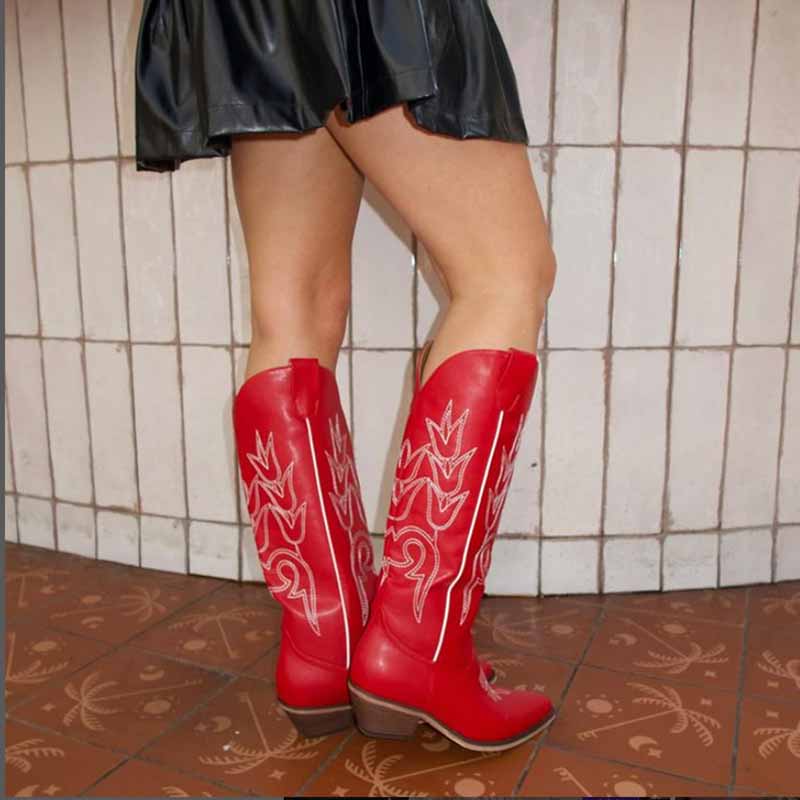 Bold red women's western embroidered boots with intricate designs perfect for stylish country looks