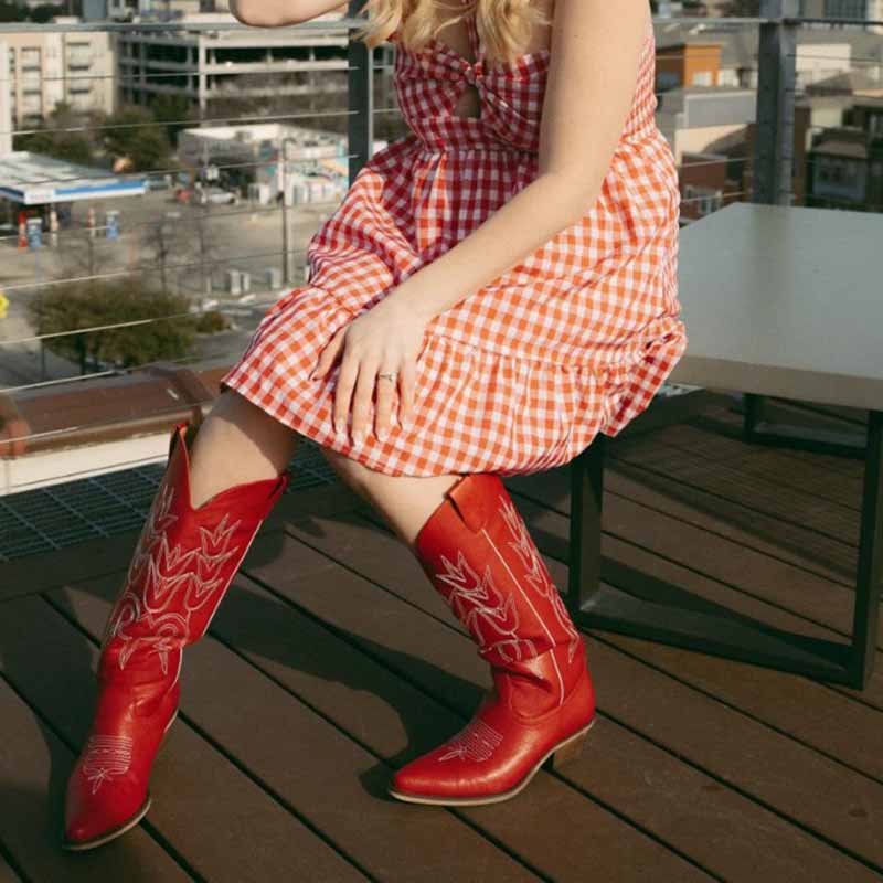 Stylish women's western embroidered boots in red, perfect for adding flair to any outfit