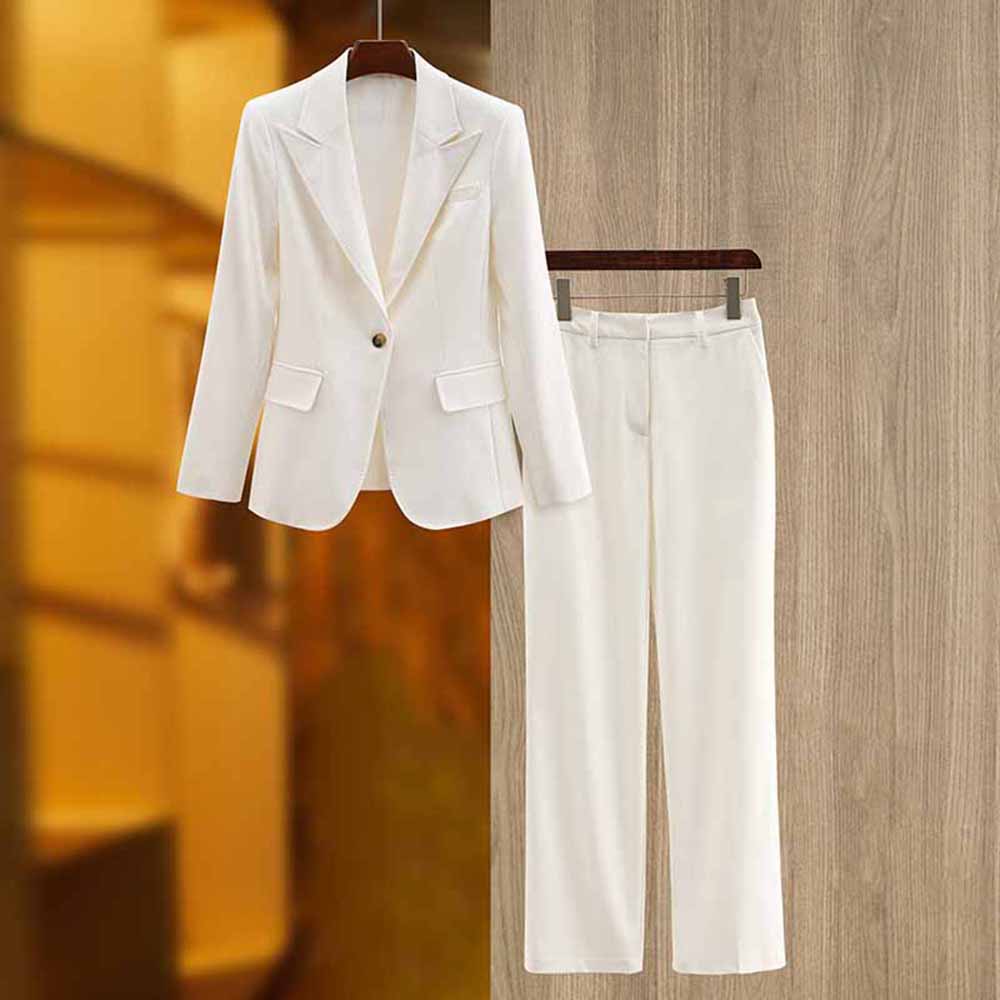 Women's white pantsuit set featuring a tailored blazer and matching trousers for elegant occasions