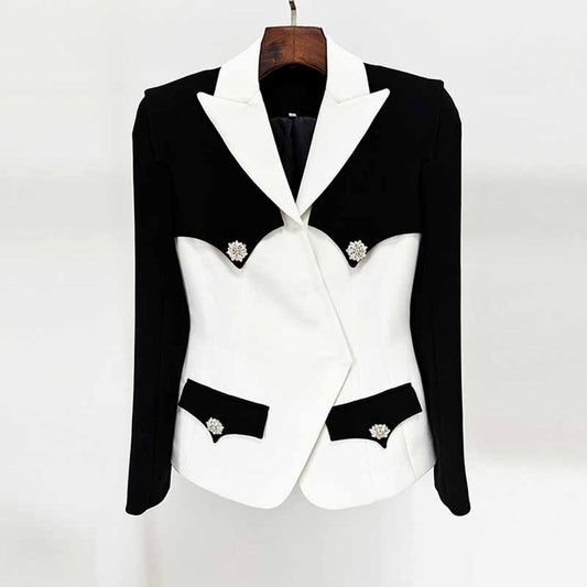 Womne's Black / White Jacket Two-Tone Pockets Blazer