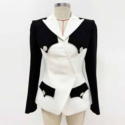 Womne's Black / White Jacket Two-Tone Pockets Blazer