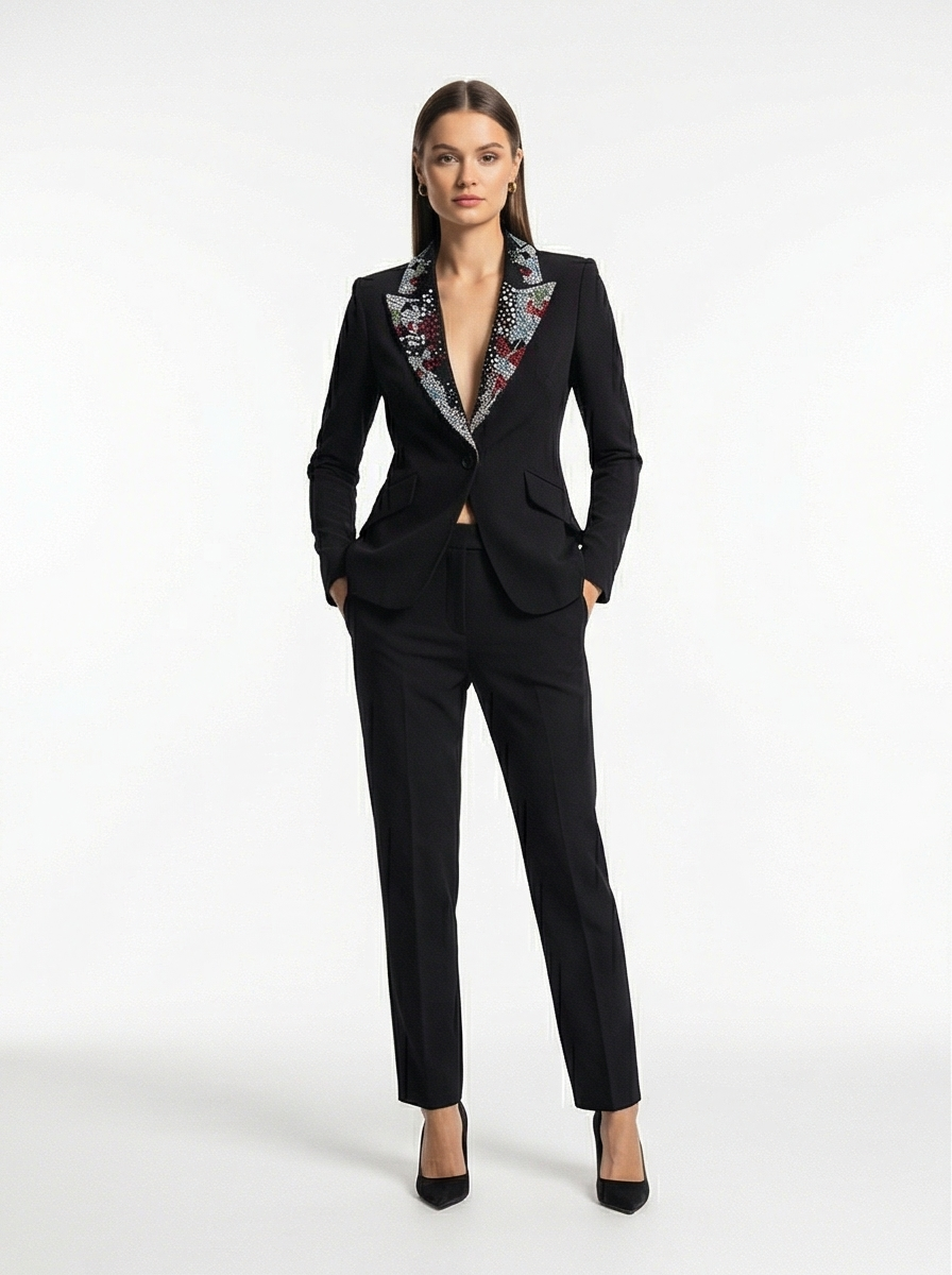 Woman wearing a black suit with floral lapels on a white background