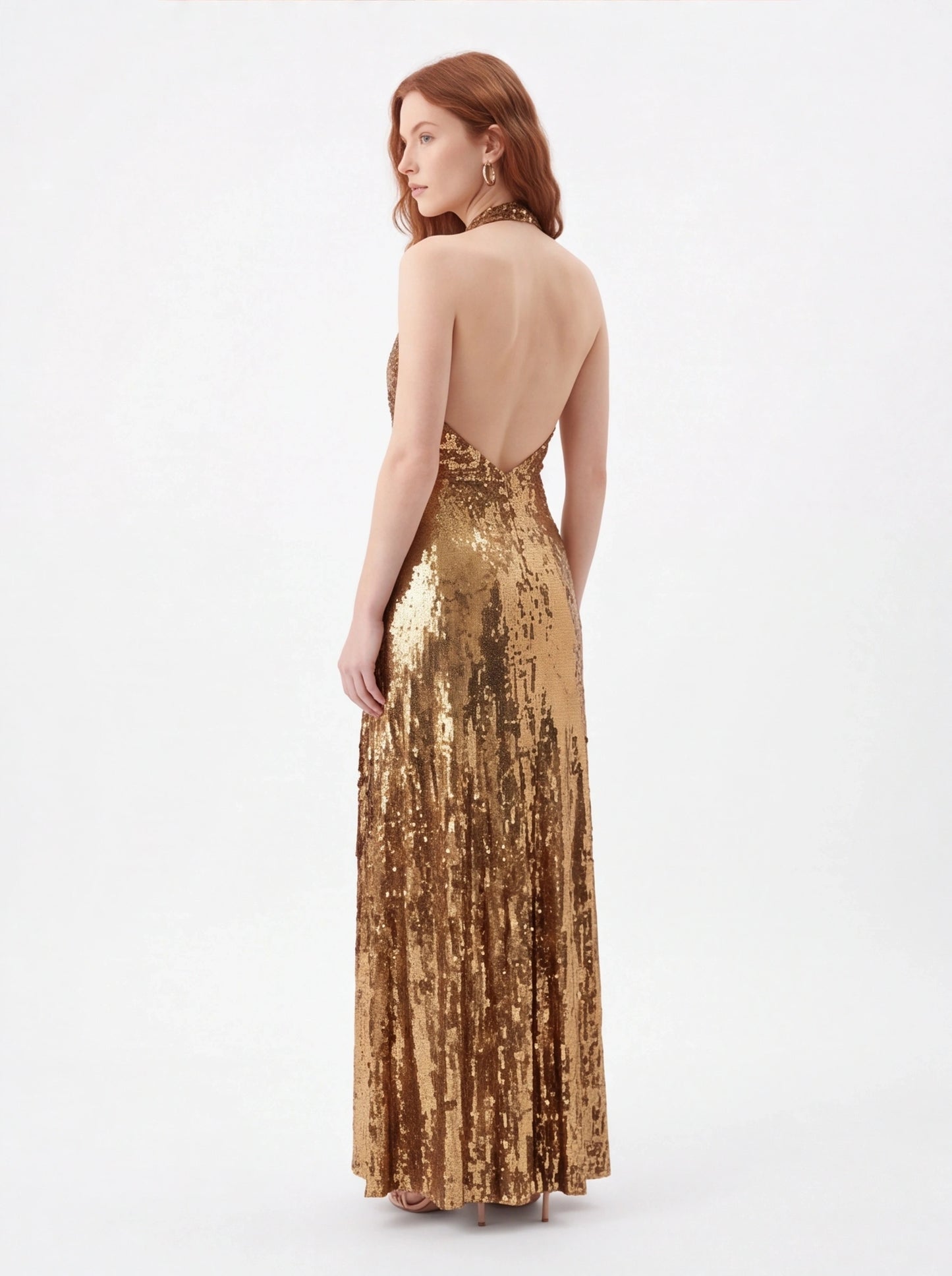 Gold Halter Sequin Maxi Dress – V-Neck Sleeveless Evening Gown for Parties & Formal Events