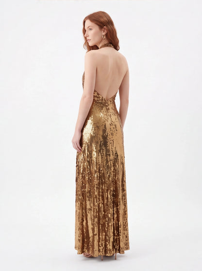 Gold Halter Sequin Maxi Dress – V-Neck Sleeveless Evening Gown for Parties & Formal Events