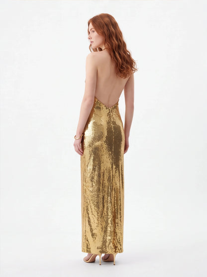 Gold Halter Deep V-Neck Sequin Maxi Dress – Sleeveless Glam Evening Gown for Parties & Formal Events