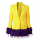 Women Purple Faux Fur Trim Mid-Length Yellow Blazer Coat Stage Performance Jacket