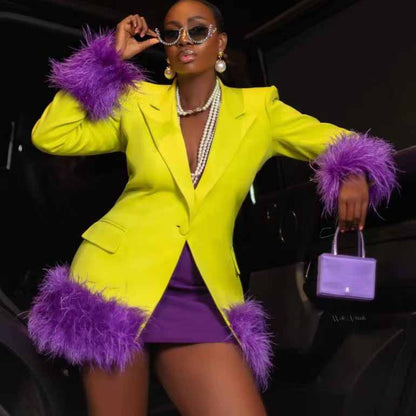 Women Purple Faux Fur Trim Mid-Length Yellow Blazer Coat Stage Performance Jacket