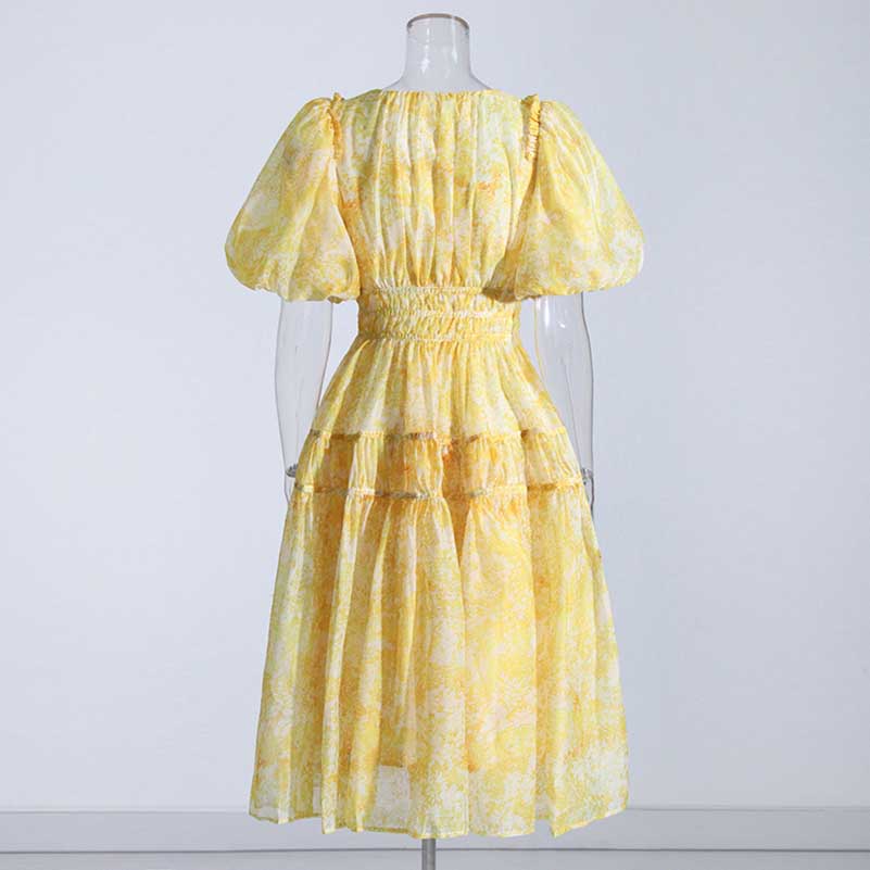 Puff Sleeve Midi Dress Yellow