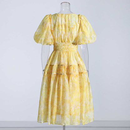 Puff Sleeve Midi Dress Yellow