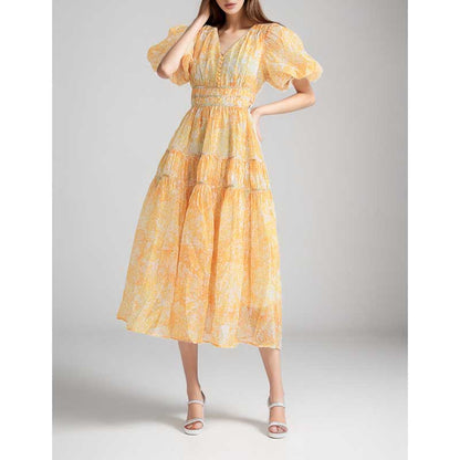 Puff Sleeve Midi Dress Yellow