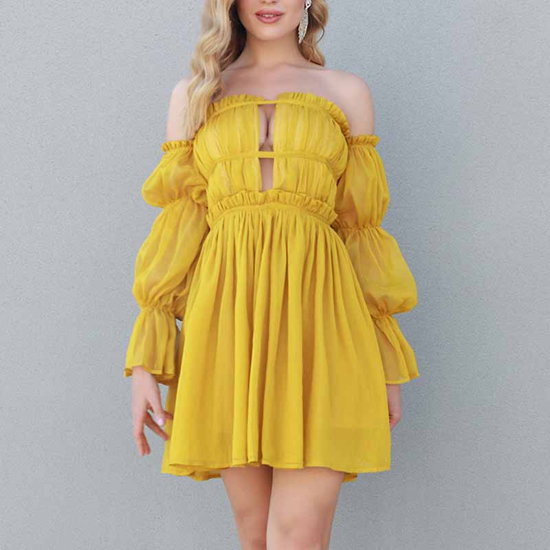 Women's Off-shoulder Mini Dress Yellow Long-Sleeved Ruffled Dress