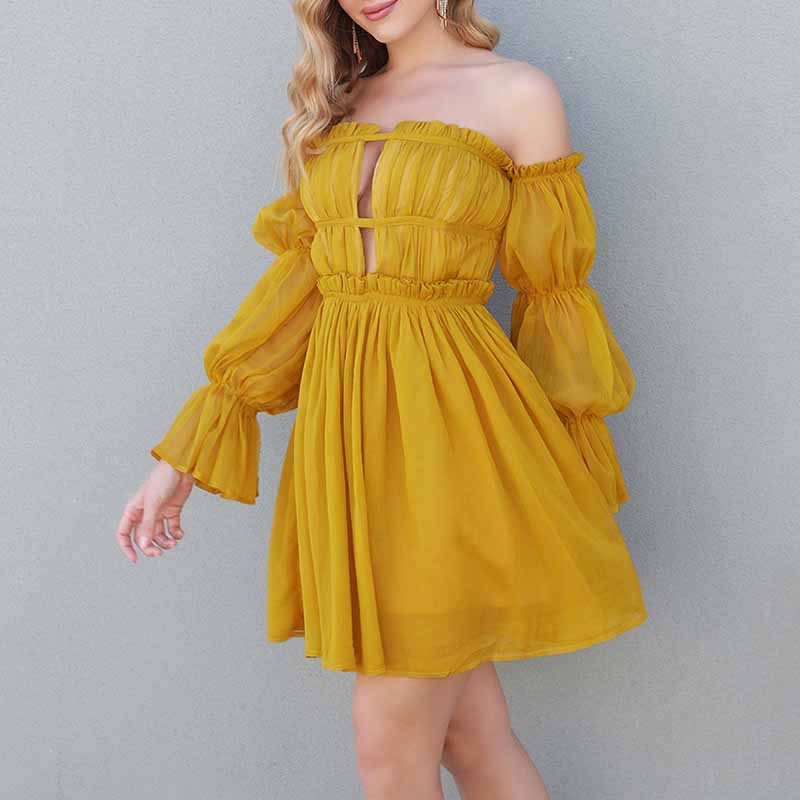 Women's Off-shoulder Mini Dress Yellow Long-Sleeved Ruffled Dress