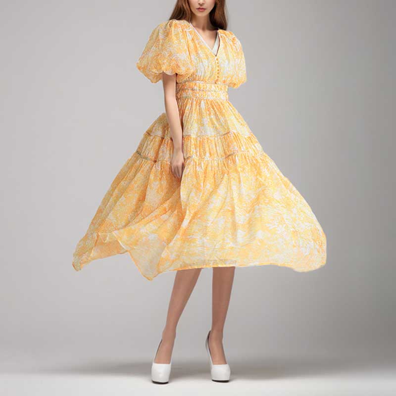 Puff Sleeve Midi Dress Yellow