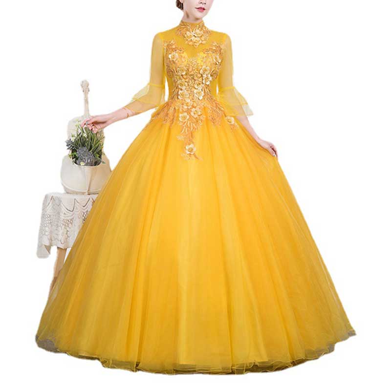 Standard Collar Yellow Tulle Ball Gown Dress With Sleeves