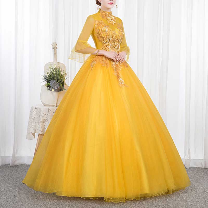 Standard Collar Yellow Tulle Ball Gown Dress With Sleeves