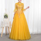 Standard Collar Yellow Tulle Ball Gown Dress With Sleeves