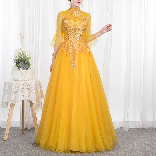 Standard Collar Yellow Tulle Ball Gown Dress With Sleeves