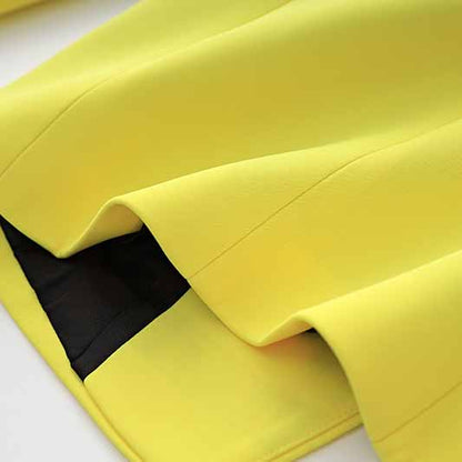 Women's Golden Lion Buttons Yellow Skirts Blazer Suit Jacket + High Waist Skirts Belt Suit