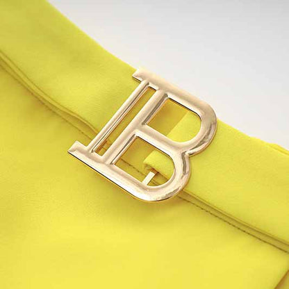 Women's Golden Lion Buttons Yellow Skirts Blazer Suit Jacket + High Waist Skirts Belt Suit