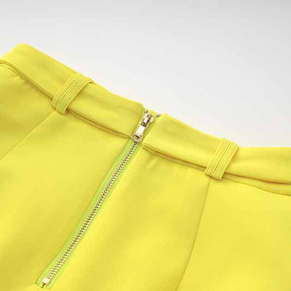 Women's Golden Lion Buttons Yellow Skirts Blazer Suit Jacket + High Waist Skirts Belt Suit