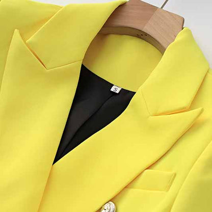 Women's Golden Lion Buttons Yellow Skirts Blazer Suit Jacket + High Waist Skirts Belt Suit