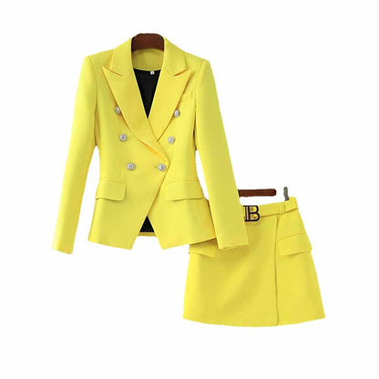 Women's Golden Lion Buttons Yellow Skirts Blazer Suit Jacket + High Waist Skirts Belt Suit