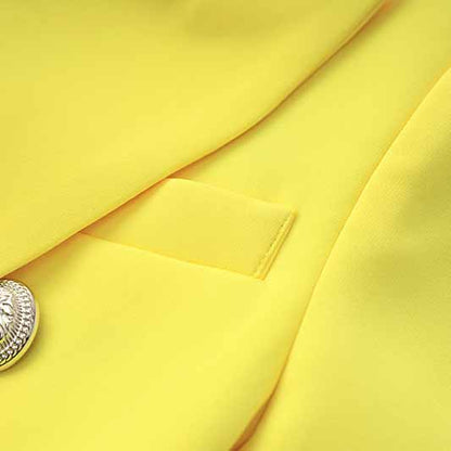 Women's Golden Lion Buttons Yellow Skirts Blazer Suit Jacket + High Waist Skirts Belt Suit