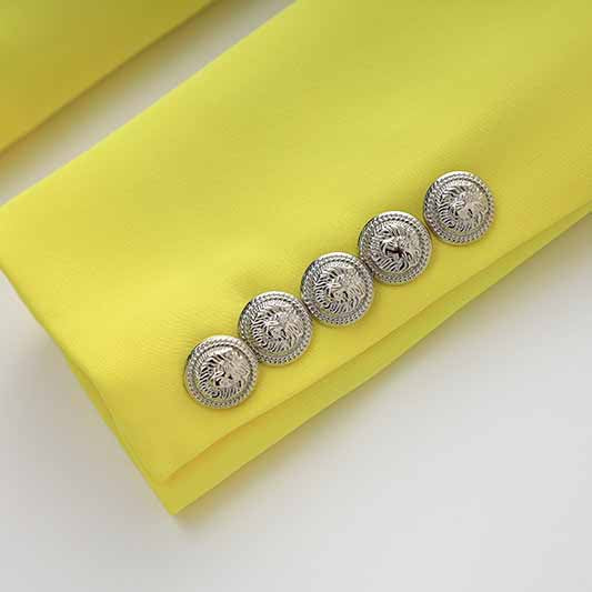 Women's Golden Lion Buttons Yellow Skirts Blazer Suit Jacket + High Waist Skirts Belt Suit