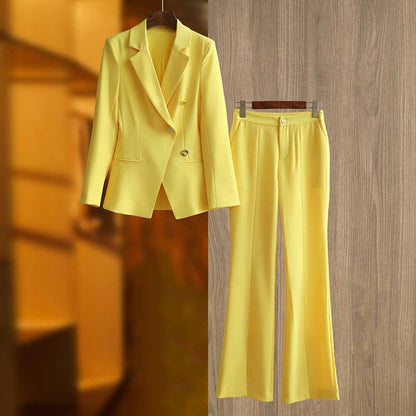 One Button Yellow Pantsuit Fitted Blazer + Mid-High Rise Trousers Pantsuit Suit Formal Wear