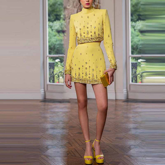 Women's Fitted Diamonds Pearls Decoration Yellow Short Crop Jacket + Mini Skirt Suit