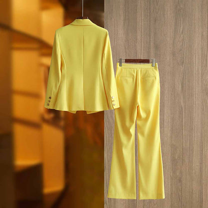 One Button Yellow Pantsuit Fitted Blazer + Mid-High Rise Trousers Pantsuit Suit Formal Wear