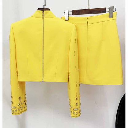 Women's Skirt Suit Fitted Beaded Short Crop Top + Mini Skirt Suit