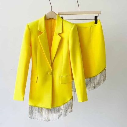 Women's Fitted Yellow Short Blazer  + Mini Skirt Suit