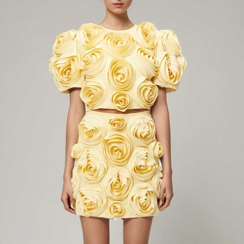 Rose Embelished Yellow Skirt Suit Mini Back To School Outfit