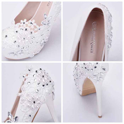 Women Round Toe Lace Wedding Heels Platform Bridal Pump